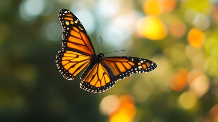 Fototapeta premium Monarch Butterfly In Flight Against A Blurred Background of Yellow And Green
