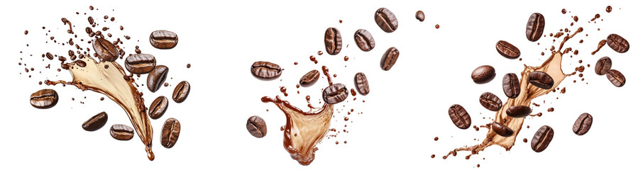 Coffee beans with a splash of coffee isolated on transparent background