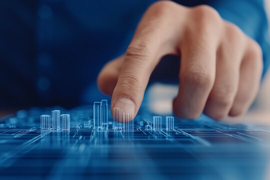 Closeup of a civil engineer s hand using advanced software to model a smart city with integrated infrastructure