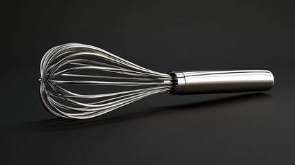 Shiny silver whisk on a black background.