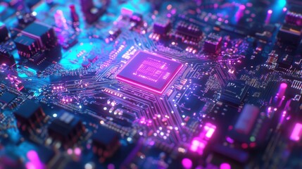 Obraz premium Using Blue and Purple technology circuit boards with glowing electronic components as a futuristic digital concept for innovation and connectedness