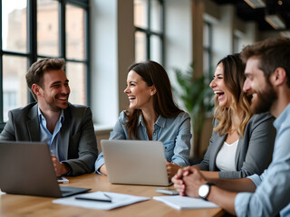 Team of coworkers laughing and sharing ideas during a meeting