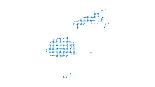 Fiji dotted digital map. Map of Fiji with pulsating colored circles. Shape of the country filled with blue disks. Modern video.