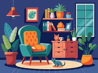 Interior with cat and houseplants. Composition with cozy home, relaxing pet cats on armchair and cupboard with flower and pots. Hygge room. Vector illustration
