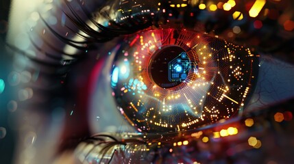 Digital eye with futuristic cyberpunk design, future technology concept