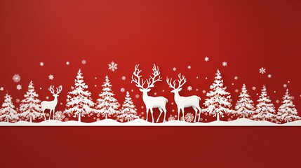 White silhouette of reindeer and fir trees on red background with snowflakes, winter holiday design.