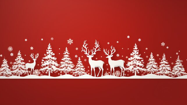 White silhouette of reindeer and fir trees on red background with snowflakes, winter holiday design.