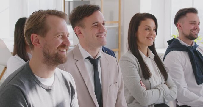 Happy business people laughing, group of workers assembled together, team in office gathering. Friends smiling showing productive work successful coaching, management, result admiration, high achiever