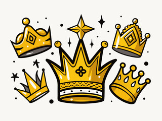 Hand drawn golden crowns. Graffiti style regal doodles, royal crown and luxury corona symbol vector icons set. Isolated royal accessories, different elegant precious elements, majestic objects
