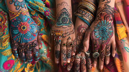 Fototapeta premium A collage showcasing the popularity of temporary tattoos applied to women's hands in colorful ethnic patterns against a vibrant background