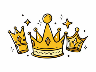 Hand drawn golden crowns. Graffiti style regal doodles, royal crown and luxury corona symbol vector icons set. Isolated royal accessories, different elegant precious elements, majestic objects
