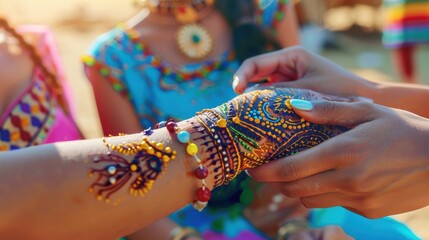 Henna Art Design for Cultural Festival Celebration. Multi-Color Hand Tattoos and Traditional Jewelry. Generative ai