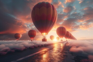 Obraz premium Witness hot air balloons soaring over a lavender field lit by the vibrant hues of sunrise