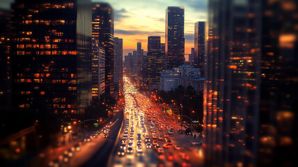 Fototapeta premium Photograph a bustling city at twilight with skyscrapers illuminated by glowing lights and busy streets filled with cars, capturing the energy and vibrancy of urban life