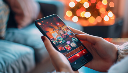 Woman playing holiday-themed mobile game on smartphone near a glowing Christmas tree. Concepts of festive entertainment, mobile gaming, and holiday relaxation.