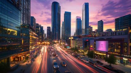 Fototapeta premium Photograph a bustling city at twilight with skyscrapers illuminated by glowing lights and busy streets filled with cars, capturing the energy and vibrancy of urban life
