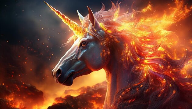 Fire Unicorn- A unicorn with a mane and tail made of flames, representing the element of fire, surrounded by burning embers and a glowing atmosphere