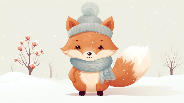 Cute cartoon fox wearing a winter hat and scarf in a snowy landscape