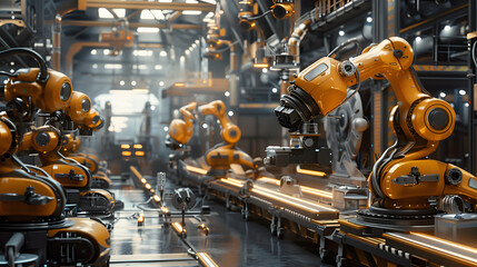 Fototapeta premium Yellow robotic arms working on a factory production line, showcasing industrial automation and precision in manufacturing.