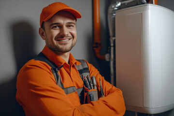 Happy Plumber Standing Near Boiler.