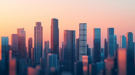 Fototapeta premium A futuristic cityscape at dawn, with towering skyscrapers made of glass and steel reflecting the first light