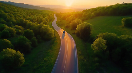 Fototapeta premium a road sounding by trees during sunrise 