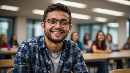 Obraz premium Smiling male student sitting in university classroom