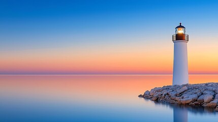 A serene image of a lighthouse on a rocky shore at sunrise