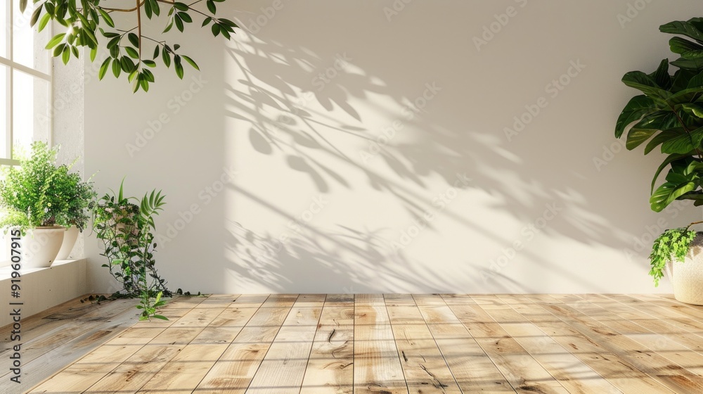 Poster A large empty room with a window and a plant in it