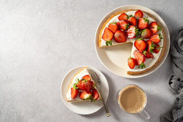 British sponge cake with fresh strawberries, copy space