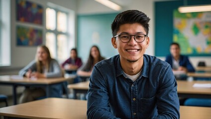 Fototapeta premium Smiling male student sitting in university classroom