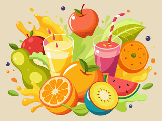 Juicy fruits splatter. Citrus orange and lemon, organic apple, pomegranate and dragon fruit juices. Sweet pear, peach and banana smoothie vector set. Vitamin vegan yoghurt or smoothie
