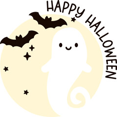 Halloween Ghost and Bats in front of Full Moon