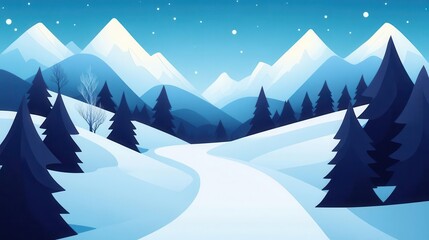 Fototapeta premium Illustration of a serene winter landscape with snow-covered trees and mountains under a starry night sky.