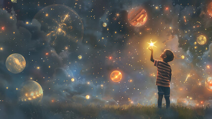 A young boy reaches for the stars in a fantastical sky filled with colorful planets and cosmic elements, creating a dreamlike scene.