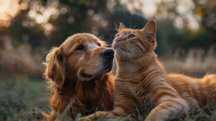 Heartwarming images of cheerful dogs and cats radiating friendliness Generative AI