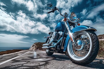 Obraz premium Closeup wheel tires of Bigbike side view motorcycle solid color background Generative AI