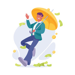 Rich Man Character Walk with Umbrella Under Green Money Banknote Rain Vector Illustration
