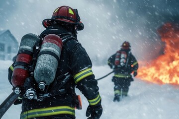 Firefighters battling flames in a snowstorm, realistic, cool hues, dramatic and dangerous