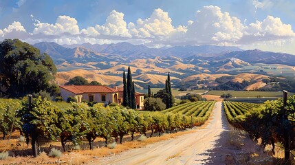 A picturesque vineyard with lush grapevines, a rustic villa, and rolling hills under a partly cloudy sky, perfect for travel brochures, wine advertisements, or agritourism promotions,