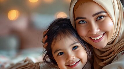 A contented Muslim mother snuggling on the bed with her daughter