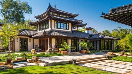 Fototapeta premium Explore the cultural symbolism of architectural elements in an Asian-inspired house exterior.