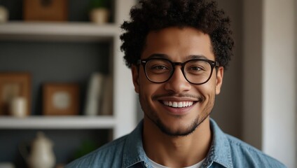 Obraz premium Smiling young African American man in glasses pose in own home apartment. Close up headshot portrait of happy millennial biracial male renter or tenant in spectacles show
