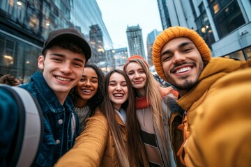 Multiracial group of friends taking selfie pic outside - Happy different young people having fun walking in city center - Youth lifestyle concept with, Generative AI