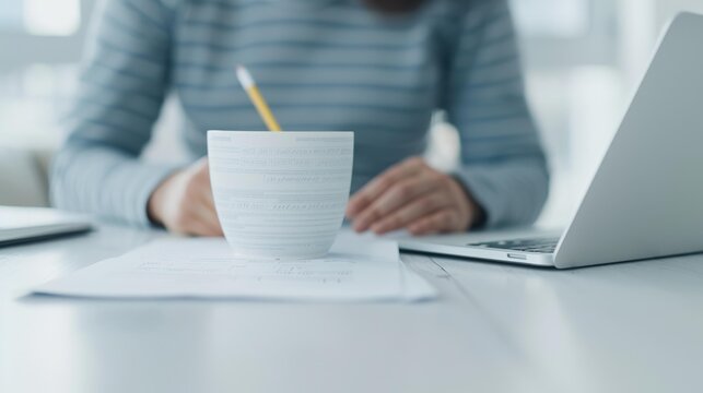 woman writing with coffee cup and open book on table, closeup, serene atmosphere, peaceful workspace, copy space