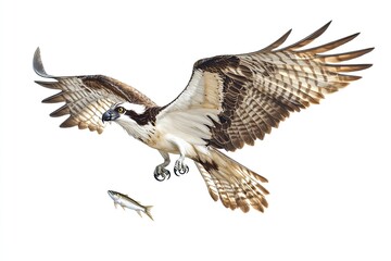 Fototapeta premium Osprey flying and catching fish isolated on a white background