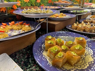 Different tasty desserts on table. Buffet service