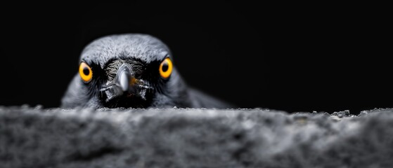 Naklejka premium A close-up of a black bird with yellow eyes against a solid black background