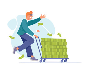 Rich Man Character Push Trolley with Green Money Banknotes Vector Illustration