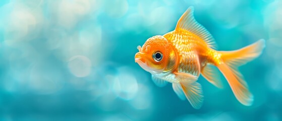  A goldfish swims near, its body shimmering against tight Blue background, surrounded by gently blurred water ripples